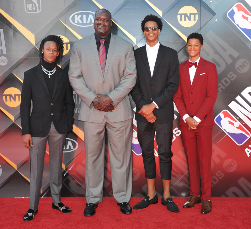 Myles O’Neal, Shaquille O’Neal, Shareef O’Neal and Shaqir O’Neal attend the 2018 NBA Awards Show at Barker Hangar on June 25, 2018, in Santa Monica, Calif.